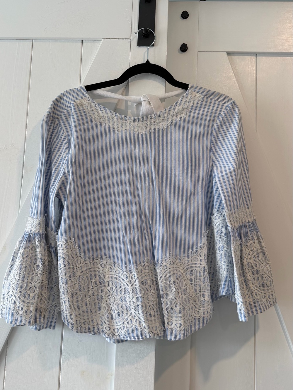 Zara Woman Blue & White Striped Lace Bell Sleeve Blouse Size Small
